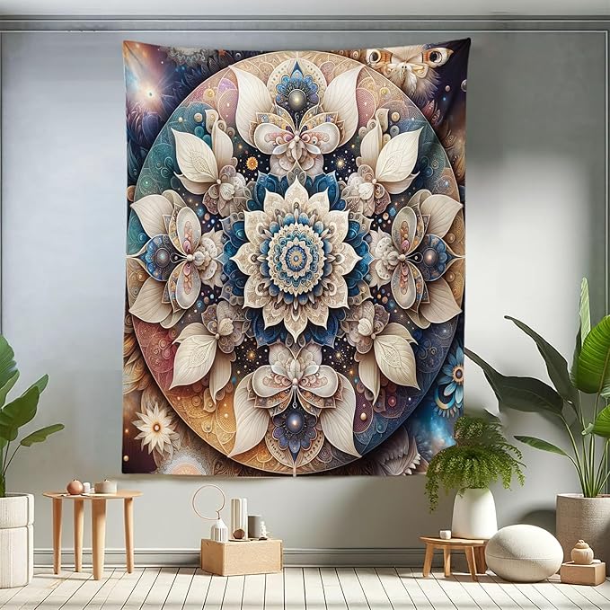 Ambesonne Mandala Tapestry Twin Size, Dreamy Composition of Astral Atmosphere Blooming Trippy Floral Boho, Wall Hanging Bedspread Bed Cover Wall Decor, 68" X 88", Eggshell Sea Blue Indigo