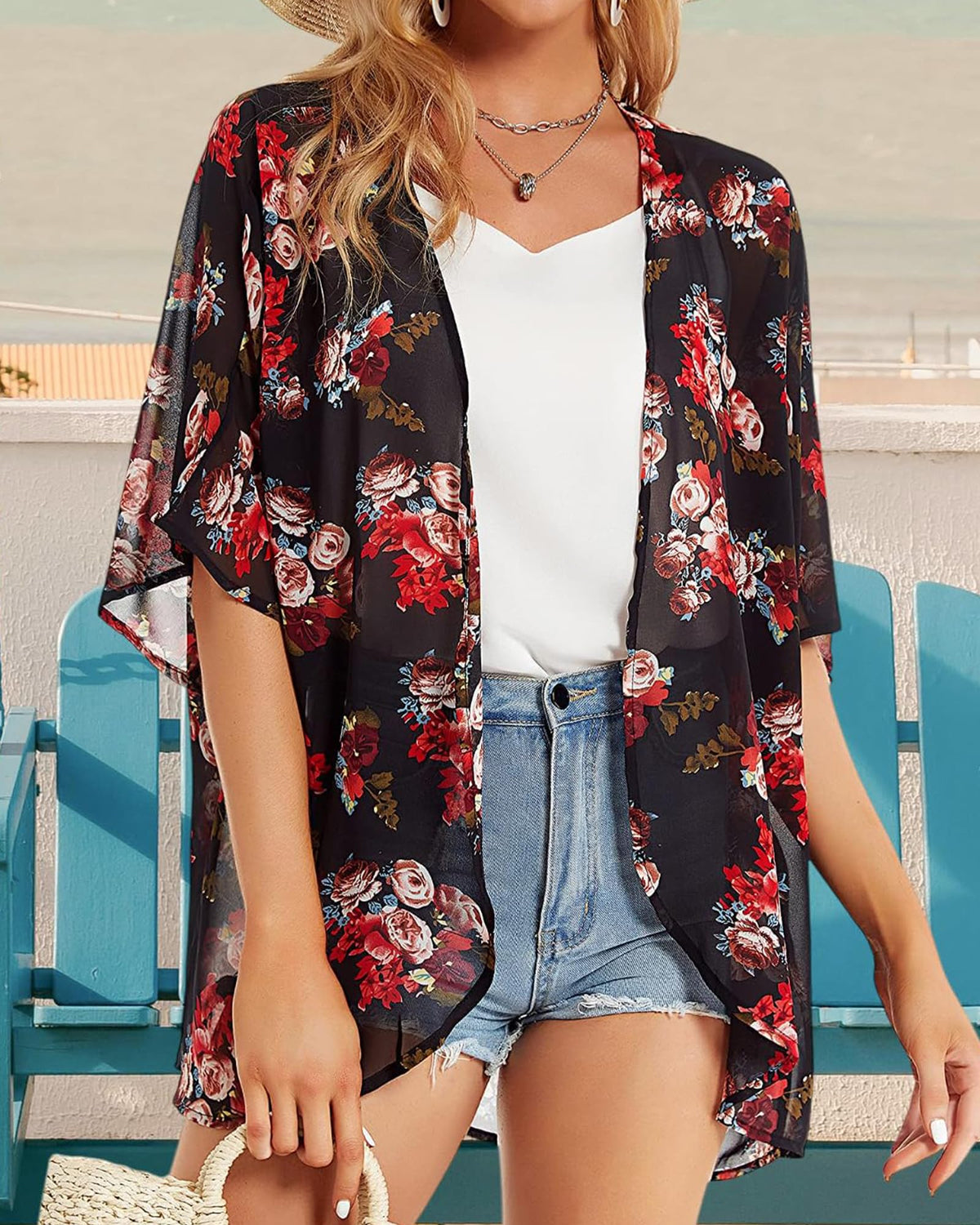 Women's Floral Print Puff Sleeve Kimono Cardigan Loose Cover Up Casual Blouse Tops(BLACK M)