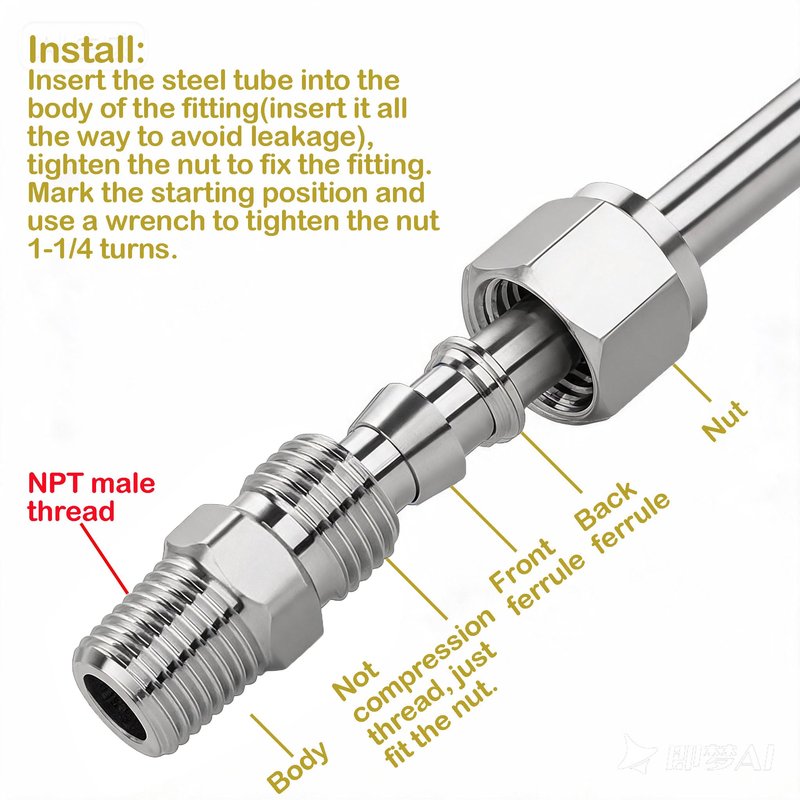 Pysrych 304 Stainless Steel Compression Fitting 1/4" Tube OD x 1/8" NPT Male Coupler Straight Adapter Connect with Double Ferrules Pack of 2
