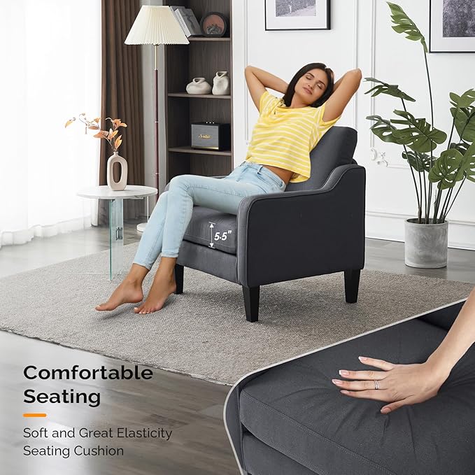 VINGLI Mid-Century Modern Accent Chair, Dark Grey Linen Upholstered, Comfortable & Supportive, 380lbs Weight Limit, Perfect for Living Room, Bedroom, Office
