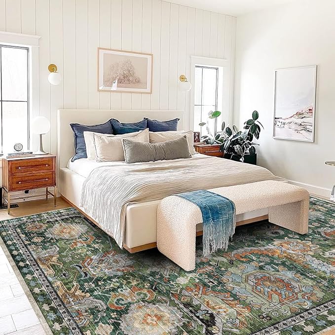 RUGSURE Washable Area Rugs - Perfect for Living Room, Bedroom, Kids Room, Nursery - Stain & Water Resistant Non-Slip, Pet & Child Friendly, Vintage Tribal Area Rugs (Green, 4' x 6')