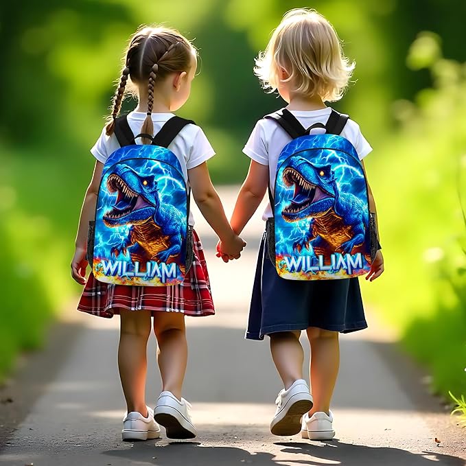 Dinosaur Backpack for Boys Personalized Name Bookbag Back to School Custom Kids Backpacks with Lunch Box for Elementary Middle School Blue