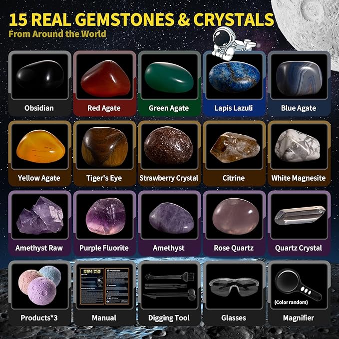 GobiDex Gemstones Dig Kit, Solar System Science Kit for Kids, Excavate 15 Real Gems, STEM Educational Space Toys Planet Collection Kit, Archaeology Geology Science Projects Gift for Boys&Girls Age 6+