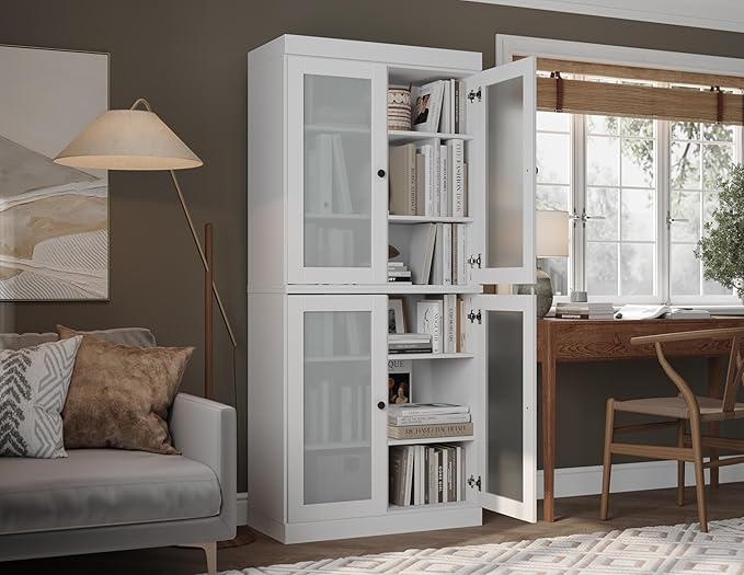 Palace Imports Solid Wood Bookcase - 6-Tier Floor Standing Bookshelf, 71.5" Tall Storage Shelf, 32” Wide - White, Frosted Glass Doors for Living Room, Renewable 100% Eco-Friendly Wood, Made in Brazil