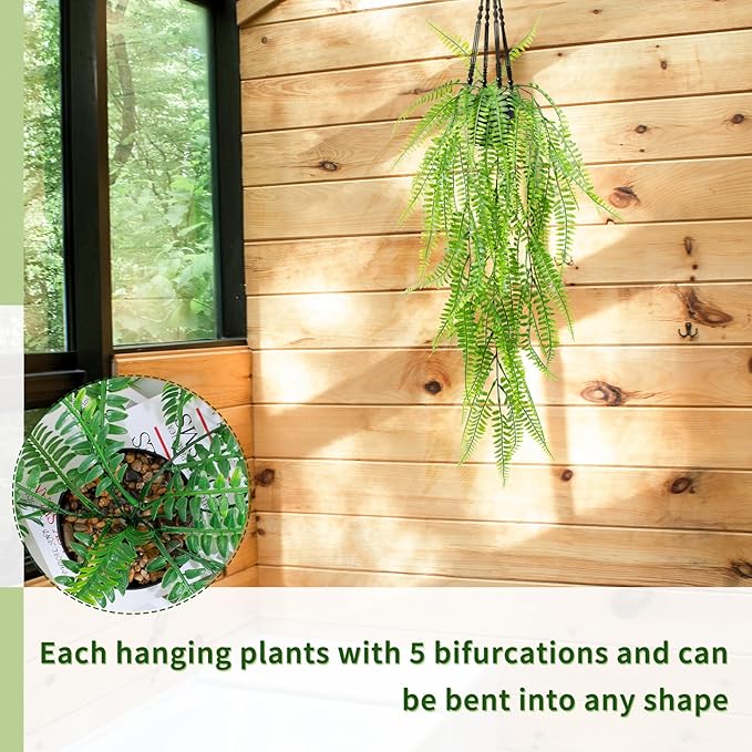 LOYWREE 2Pack Small Fake Hanging Plant with Pot, Artificial Potted Fern Plant, 28.7-in Long Faux Hanging Ferns Vine Plant for Shelf Home Office Indoor Outdoor Garden Greenery Decor (Black Pot)