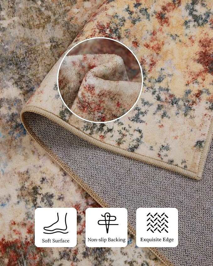 Washable Area Rug for Living Room: 9x12 Modern Abstract Neutral Soft Rug for Bedroom Dining Room No Slip Low Pile Carpet for Nursery Home Office - Red/Ivory