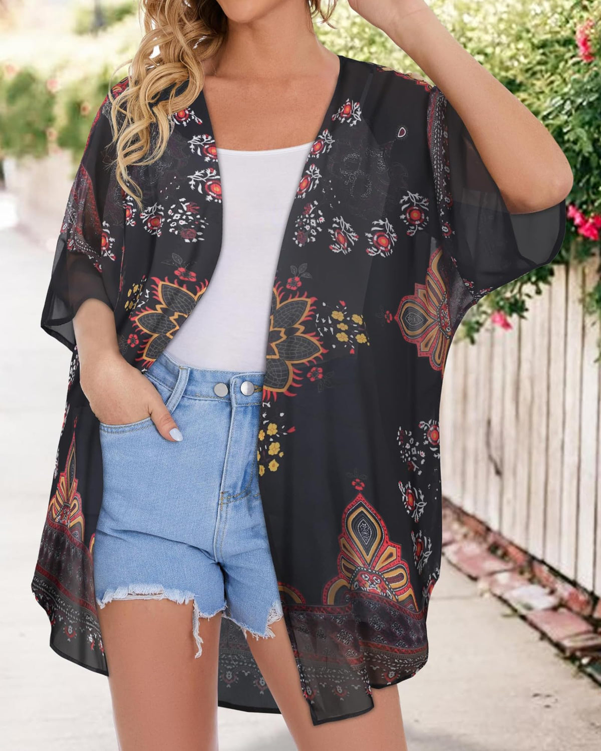 Women's Floral Kimono Cardigan Cover Up Casual Tops,Orange Black,M