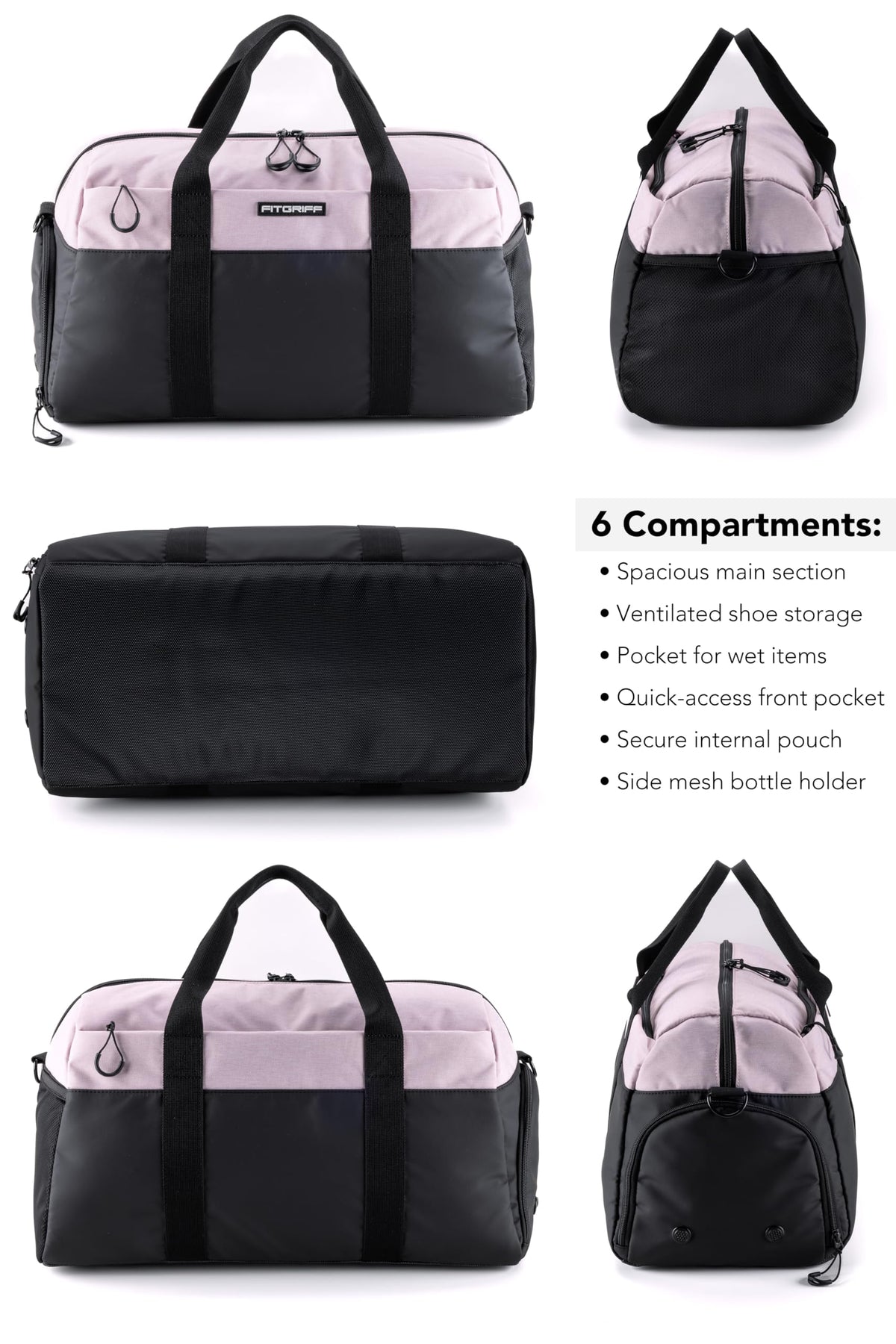 Fitgriff® Gym Bag V2 for Men and Women with Shoe & Wet Compartment - Duffle Bag for Travel, Sports, Fitness and Workout (Black/Pink, 22 x 12 x 13″ (Medium))