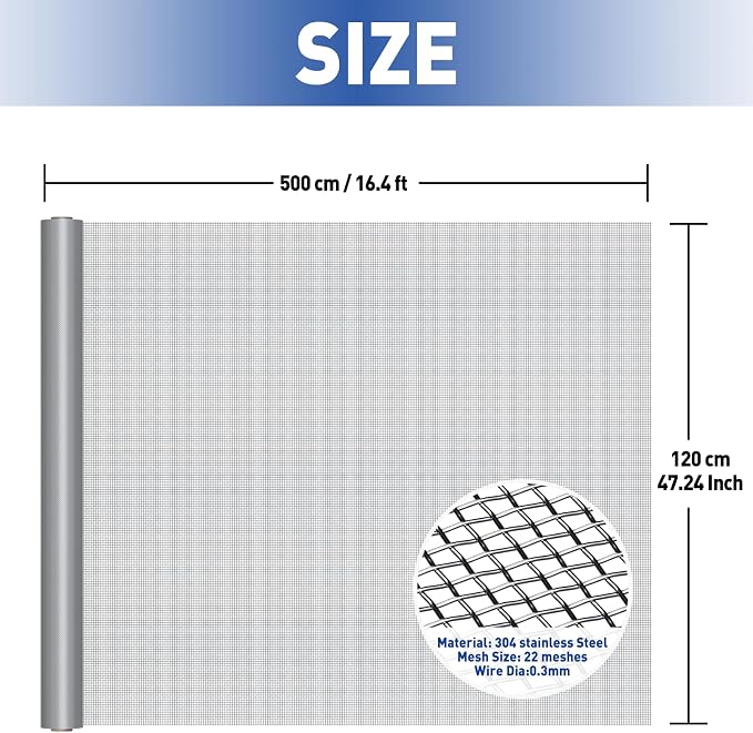 MAGZO 304 Stainless Steel Mesh Screen Roll 47in x 16ft