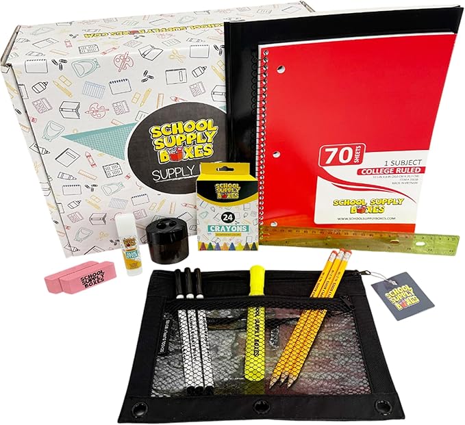School Supply Boxes | Budget Saver Bundle (1 Box) | Back to School Essentials Kit for Students & Teachers | Includes Spiral Notebook, Crayons, Pens, Pencils, Glue & More
