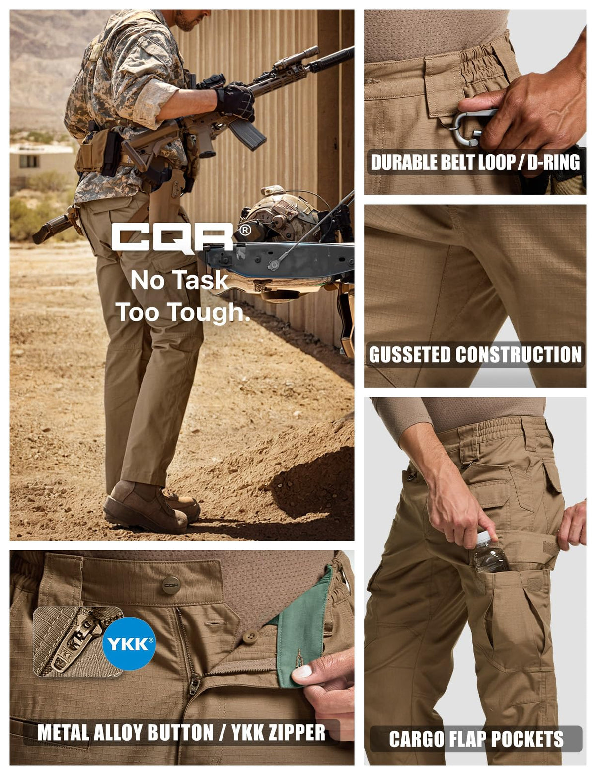 CQR Men's Tactical Pants, Water Resistant Ripstop Cargo Pants, Lightweight EDC Work Hiking Pants, Outdoor Apparel, Raider Mag Cougar, 38W x 30L