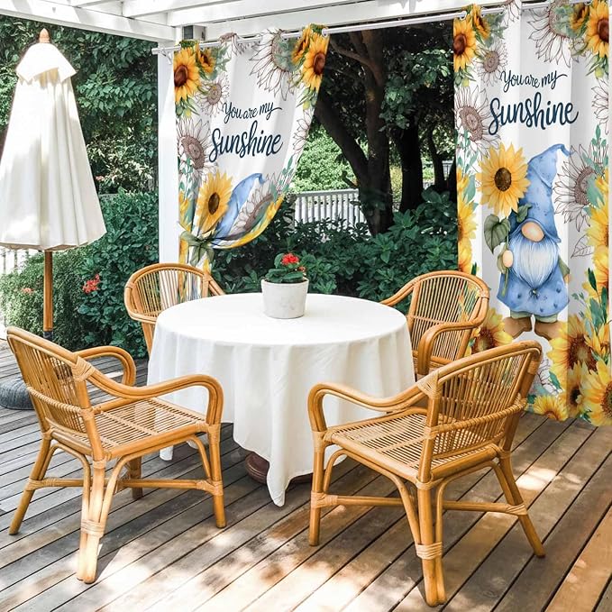 Summer Outdoor Curtains for Patio Sunflowers Gnome Eucalyptus Leaves Waterproof