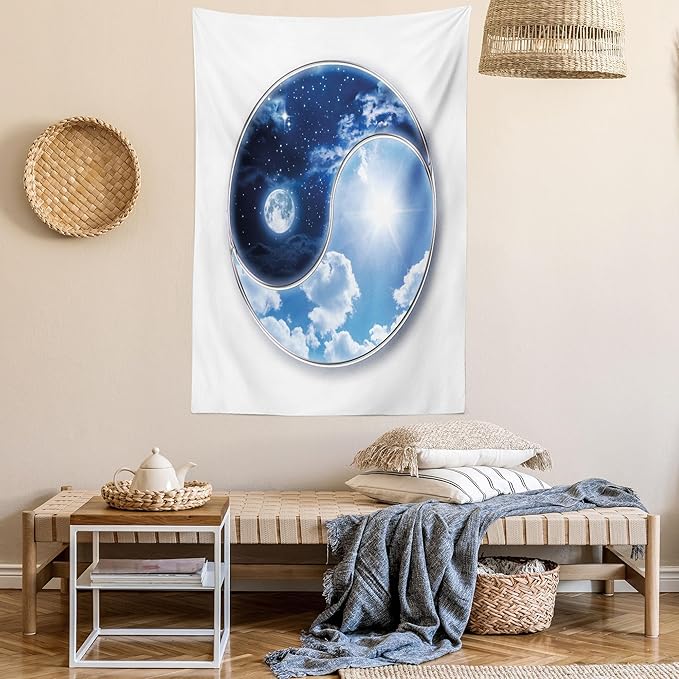 Ambesonne Space Tapestry, Yin Yang World Moon and Sun Harmony of the Universe Art Print, Wall Hanging for Bedroom Living Room Dorm Decor, 60" X 80", Navy Blue Sky Blue White
