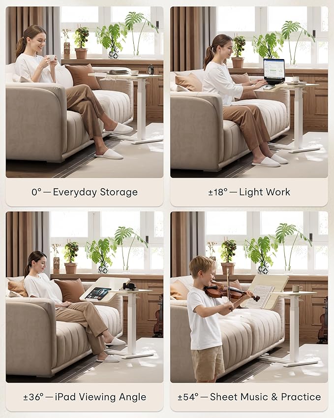 FLEXISPOT Adjustable Height C-Shaped End Table with Split Tilting Top – Mobile Side Table for Sofa & Bedside, Slides Under Furniture, Hidden Wheels for Small Spaces(31.6"W x 15.7"D,White Wood Grain)
