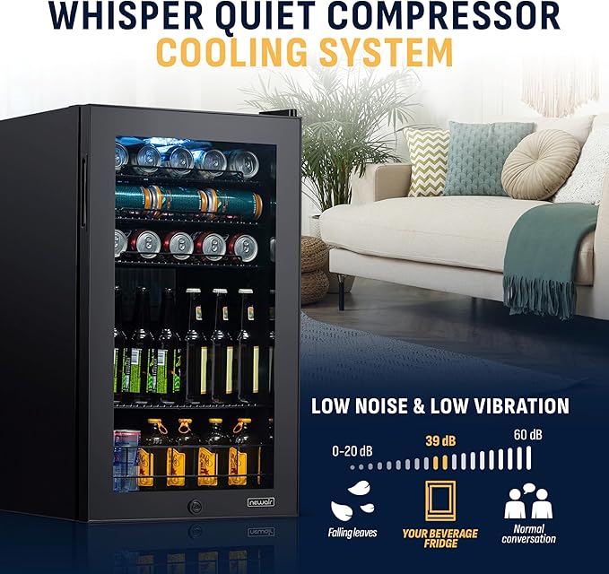 NewAir 126 Can Beverage Refrigerator | Freestanding Small Mini Fridge for Bedroom with Glass Door | Drink Cooler with Adjustable Shelves, Quiet Cooling & Locking Door | Black