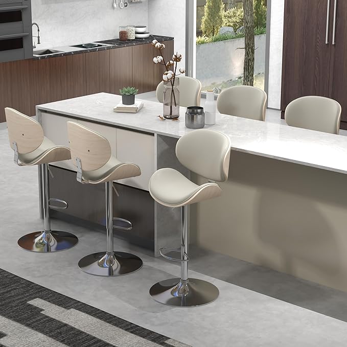 civama Bar Stools Set of 3 for Kitchen Counter, Adjustable Bar Height Chairs, Modern Swivel Barstools with Bentwood Seat and Back with Footrest for Kitchen Island, Dining Room, Grey PU Leather