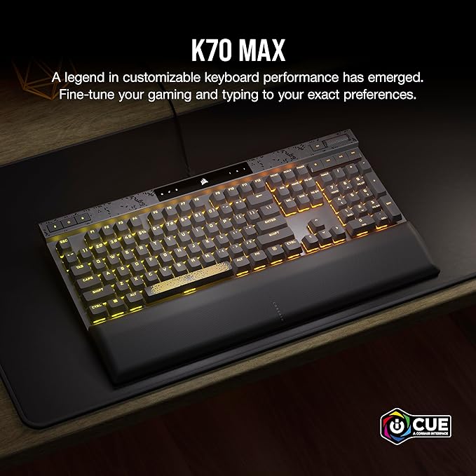 CORSAIR K70 MAX RGB Magnetic Mechanical Wired Gaming Keyboard – MGX Adjustable Switches, Simultaneous SOCD and Rapid Trigger, PBT Double-Shot Keycaps, Sound Dampening, 8000Hz Polling, QWERTY NA, Black
