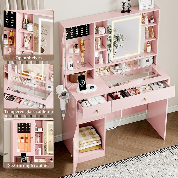 Vanity Desk with Mirror and Lights Makeup Vanity Desk with Lights 3 Colors 38" Dressing Table with Drawer and Cabinet for Bedroom Transparent Glass Top Power Outlet for Bedroom Pink