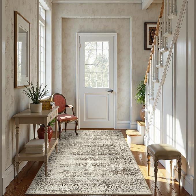 Lahome Washable Rugs 5x7 Boho Living Room Area Rug,Soft Throw Bedroom Area Rug,Retro Distressed Non-Slip Low-Pile Accent Rug Indoor Carpet for Entryway Office Home Decor(5 x 7,Beige)
