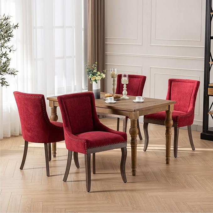 Farmhouse Dining Chairs Set of 6, Upholstered Fabric Dining Room Accent Chairs with Wood Legs & Bronze Nailhead, High Wingback Kitchen Chairs for Living Room Hotel Apartment, Burgundy