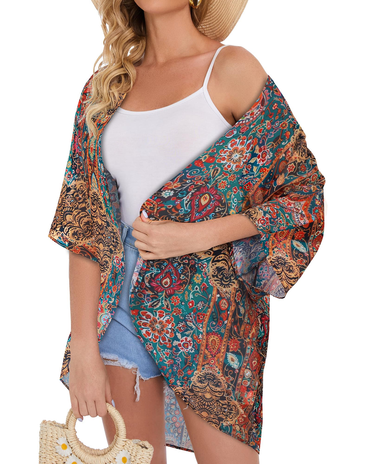 Women's Floral Kimono Print Puff Sleeve Loose Cardigan Cover Up Casual Blouse Tops (Bohemia Print, S)
