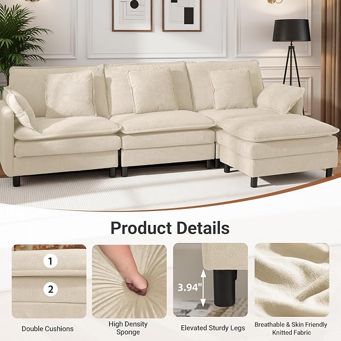 Claiks 148" Modular Sectional Sofa, Cloud Couch with Ottoman, U-Shaped 6-Seater Sofa in Chenille Fabric, Deep Seat Comfy Couch with Pillows for Living Room & Offices, Beige