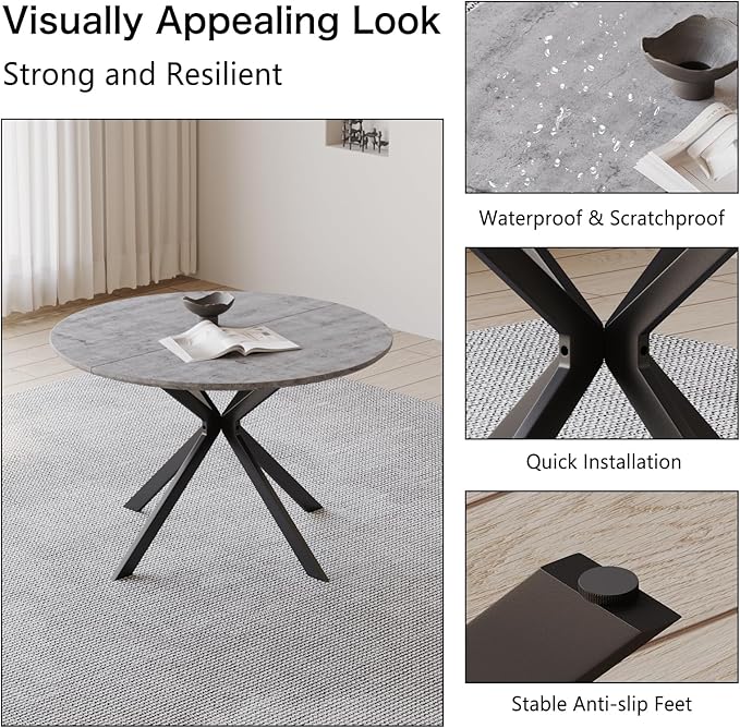 46.4" Round Dining Table Set with 4 Chairs, Modern Dining Set with Comfortable PU Leather Chairs, Sturdy MDF Table with X-Shaped Base, Easy Assembly, Ideal for Dining Room or Kitchen