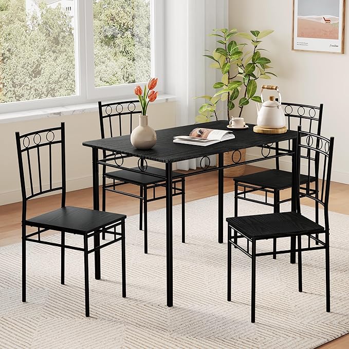 Vipbear 5-Piece Kitchen Table Set,Kitchen Dining Table Set for 4,Dining Room Table Sets,Rectangular Kitchen Table Set with 4 Chairs for Small Space, Dinette,Apartment,Black