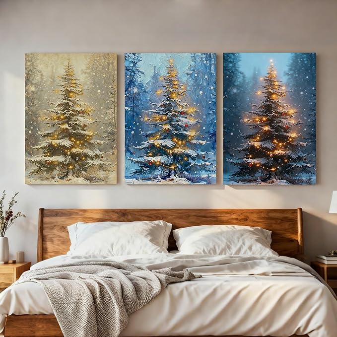 Framed Christmas Pictures Wall Decor,Vintage Pine Tree Prints,Winter Christmas Canvas Wall Art Decoration for Bedroom Bathroom Living Room Rustic Xmas Holiday Gifts (Christmas Tree 1, 11'' X 14'')