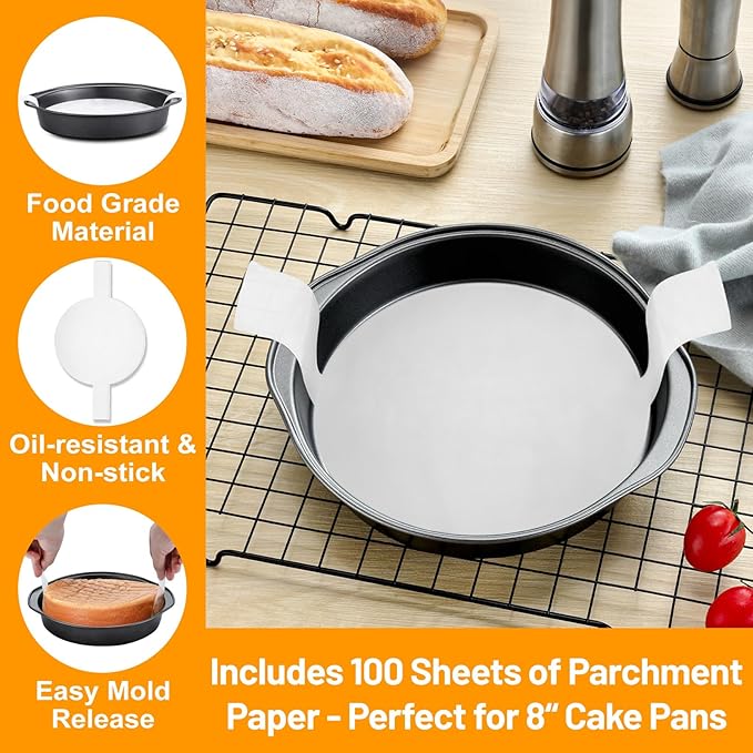 Gymdin 8 Inch Cake Pan - 3PCS Carbon Steel Round Cake Pans with 100 Pieces Parchment Paper, Non-stick & Easy Demolding, Non-toxic & Healthy