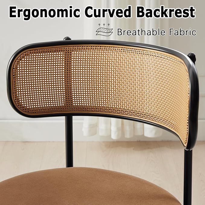 Rattan Dining Chairs Set of 4, Mid Century Modern Dining Chairs with Cane Back and Boucle Upholstered Seat, Farmhouse Kitchen Chairs for Dining Room and Living Room, Brown