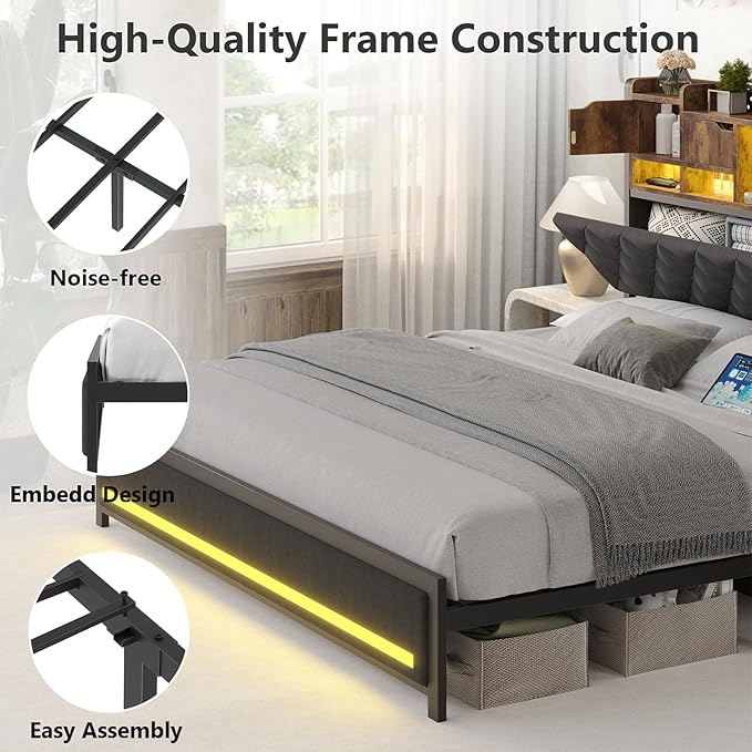 Queen Bed Frame with Upholstered Headboard, Bed Frame Queen Size with Hidden Storage,3-Tier Storage Shelves, LED Lights and Charging Station, Queen Bed with Noise-Free,Gray