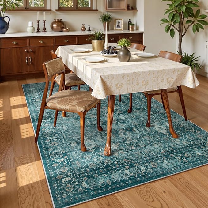 Lahome Vintage 6x9 Washable Blue Rugs for Living Room Bedroom, Soft Dining Room Rugs for Under Table, Non Slip Indoor Throw Carpet for Entryway Kitchen Office (6x9ft,Blue)