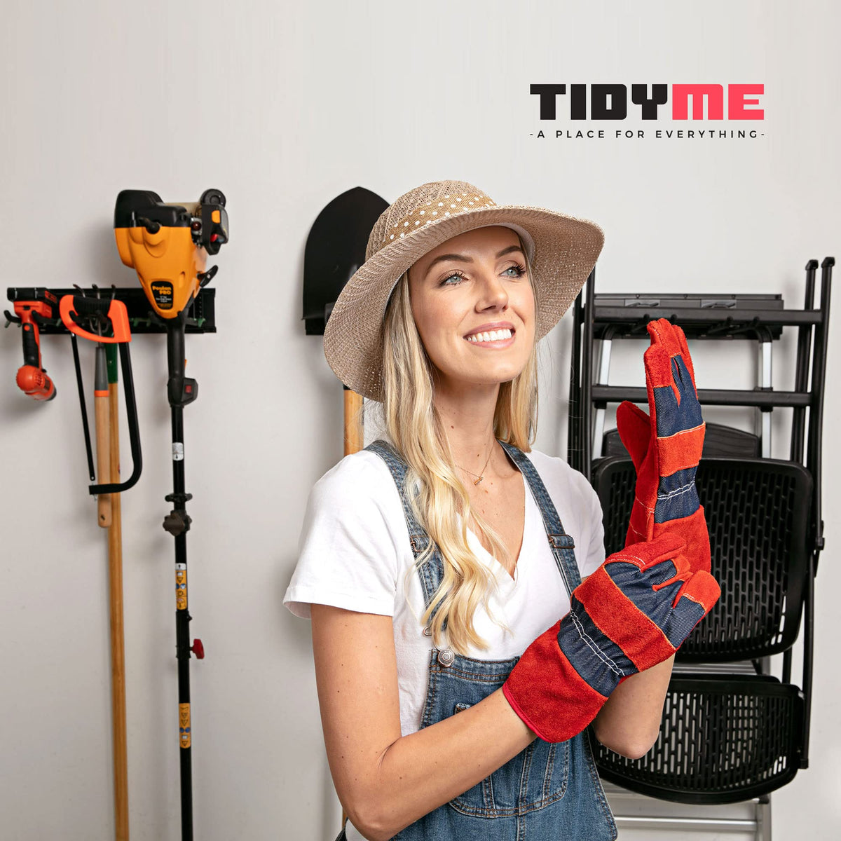 TIDYME Garage Tool Organizer Wall Mount | 48-Inch Garage Wall Organizer & Folding Chair Rack | Heavy-Duty Tool Hanger System | 9-Piece Kit with 3 Steel Rails & 6 Adjustable Hooks | 300 lbs Capacity