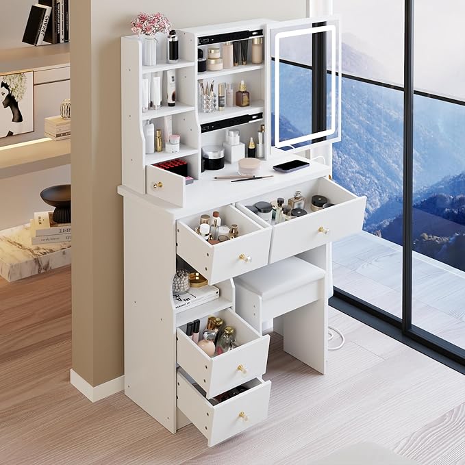 29.2" Small Vanity Desk with Mirror and Lights, Makeup Table with 2 AC+2 USB Power Station, Hair Dryer Bracket, Vanity Set with 5 Drawers and Stool for Small Space Bedroom, White