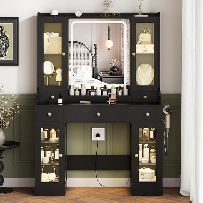 Black Vanity Desk with Mirror and Lights, Makeup Vanity Table with Lighted Mirror, 5 Drawers & RGB Cabinet, Dressing Table Set with Charging Station for Girls Bedroom, 3 Lighting Modes