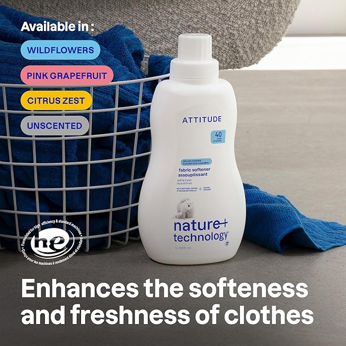ATTITUDE Liquid Fabric Softener, Plant-Based & Vegan, HE Compatible, Naturally Derived, Wildflowers Scent, 40 Loads, 33.8 Fl Oz (Pack of 6)