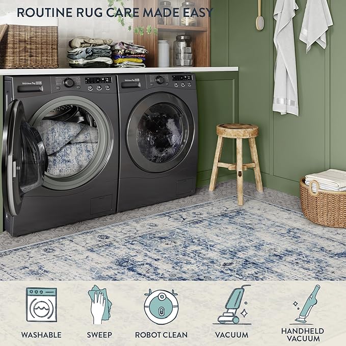 Lahome Vintage 8x10 Rugs for Living Room, Large Washable Rug for Bedroom Office, Boho Distressed Dining Room Rug Soft Stain Resistant Low Pile Accent Carpet for Home Playroom (8'x 10', Blue)