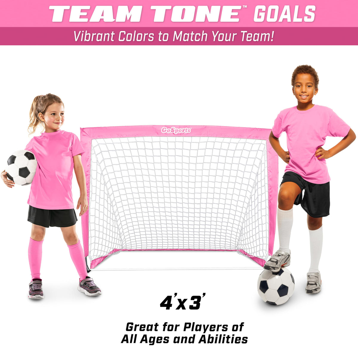 GoSports Team Tone 4 ft x 3 ft Portable Soccer Goals for Kids - Set of 2 Pop Up Nets for Backyard - Pink