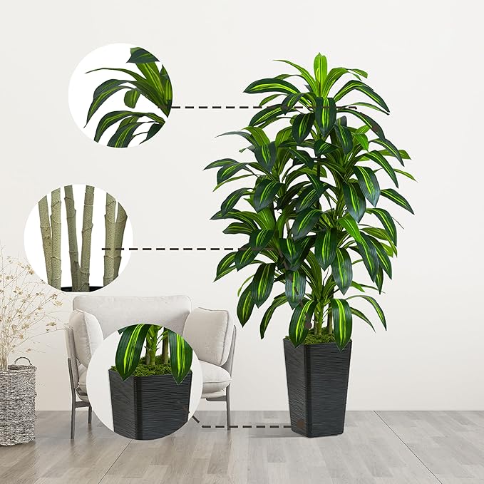 Artificial Dracaena Plant 5FT Tall - Fake Tree with Black Planter - Faux Yucca Tall Fake Floor Plant in Pot - Artificial Trees for Home Bedroom Office Indoor Living Room Decoration