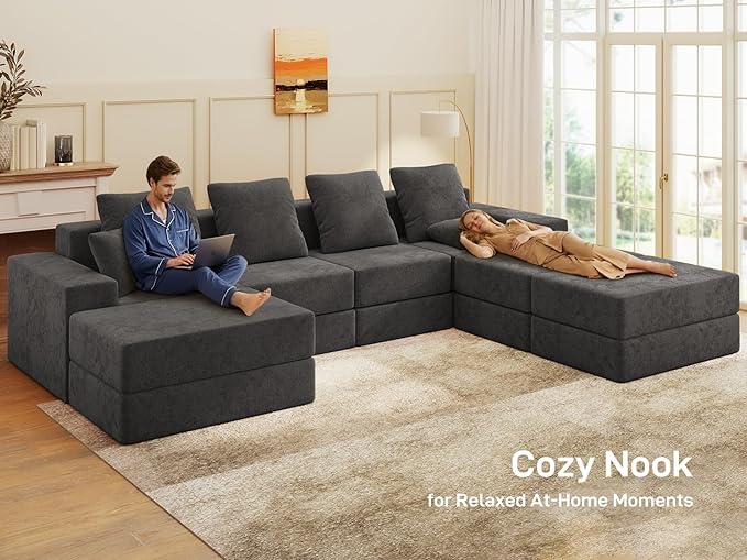 Living&Giving 128" U-Shaped Cloud Sectional Couch for Living Room, Cloud Boneless Couch-No Assembly with Reversible Chaise, Customizable 4-Seat Modular Sectional Sofa with 3 Ottoman,Dark Grey