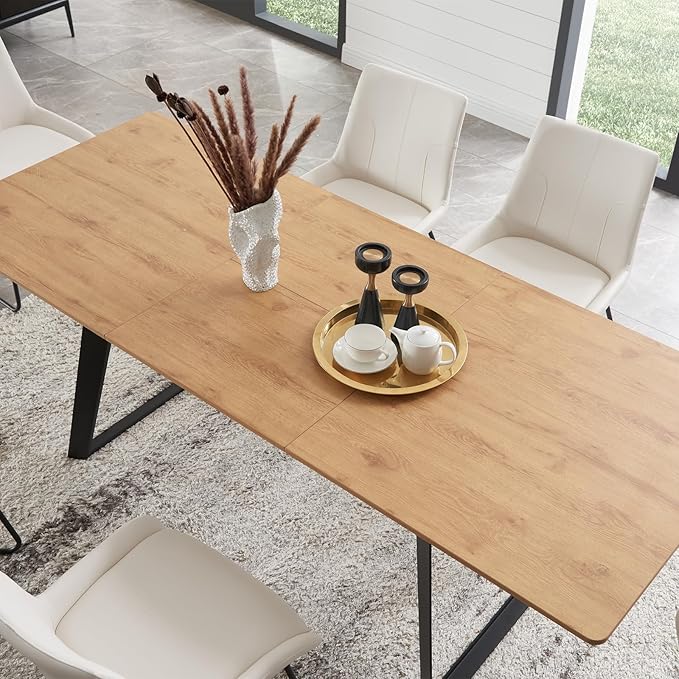 ZckyCine 67'' Extendable Rectangular Wooden Dining Table and Chairs 6-Seater Modern Mid-Century Style Multi-Purpose Space-Saving Design Home Dining Room Furniture Set