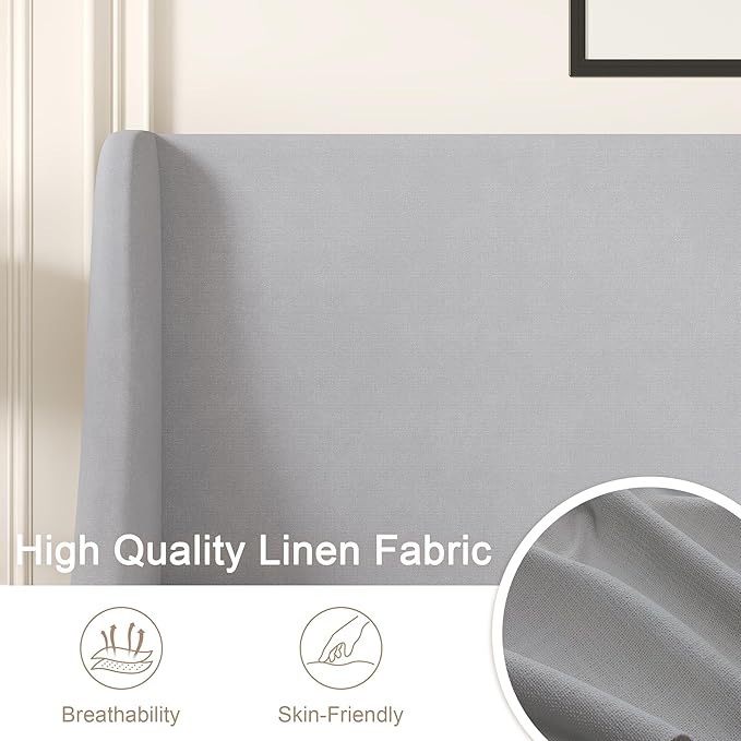 VECELO Queen Bed Frame with Upholstered Wingback Headboard, Heavy-Duty Platform Bedframe with Charging Station, Wooden Slats, No Box Spring Needed, Light Grey