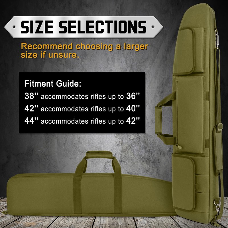 DULCE DOM Double Rifle Case, 38 42 44 inch Soft Gun Tactical Bag for Shooting Range, Movable Divider for 1 or 2 Gears, Multiple Magazine Pouches & Accessory Bags (Green, 42'')