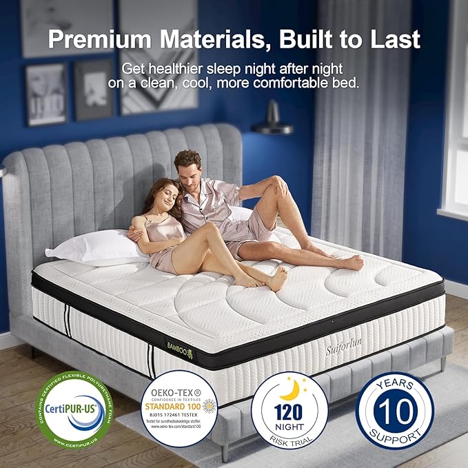 Suiforlun Full Size Mattress, 14 Inch Gel Memory Foam Hybrid Full Mattress in a Box with Pocket Springs, Euro Top Luxury 7 Premium Layers, Cooling Comfort & Pain Relief, Medium-Firm
