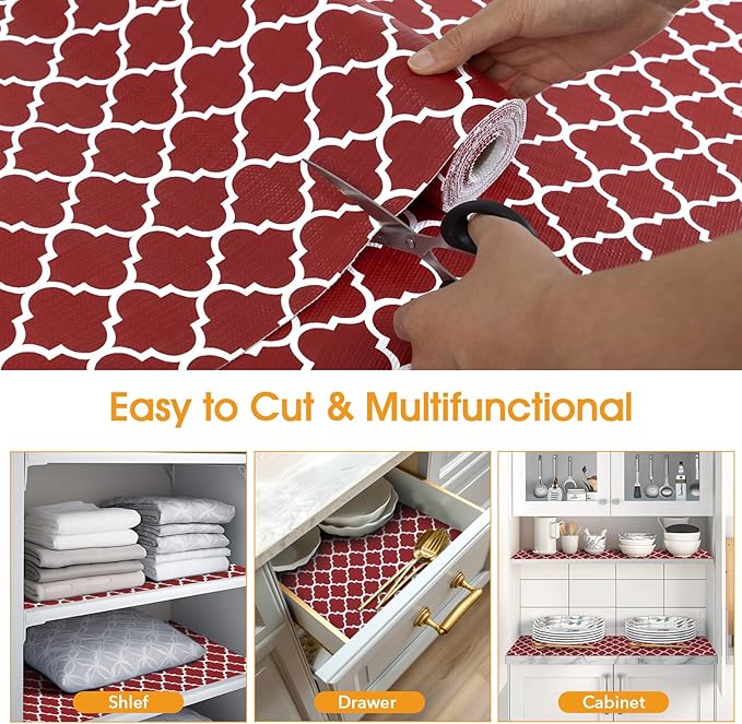 Shelf and Drawer Liner for Kitchen Cabinets Non-Adhesive, Strong Grip Non-Slip Thickened Cabinet Liners for Shelves, Waterproof Mats for Dresser Cupboard, Red/White, 12 in x 30 Feet