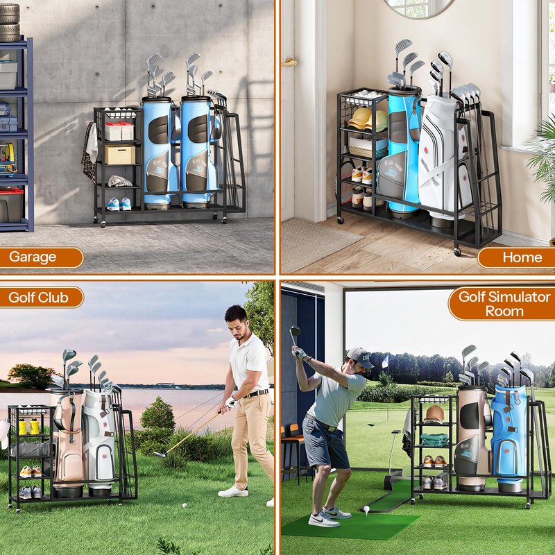 HOOBRO Golf Bag Storage Garage Organizer, Golf Bag Storage Stand Fits 2 Golf Bags and Golf Equipment Rack with Wheels, Extra Storage Rack for Garage, Club, Basement, Black BK49CJ01