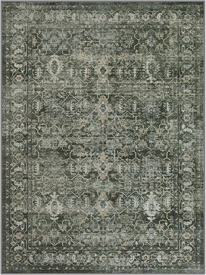 Lahome Boho Green Area Rugs 9x12 Living Room,Washable Large Rugs for Bedroom Aesthetic,Vintage Distressed Non Slip Low Pile Dining Room Rug Carpet for Home Office Playroom(9'x12',Green)