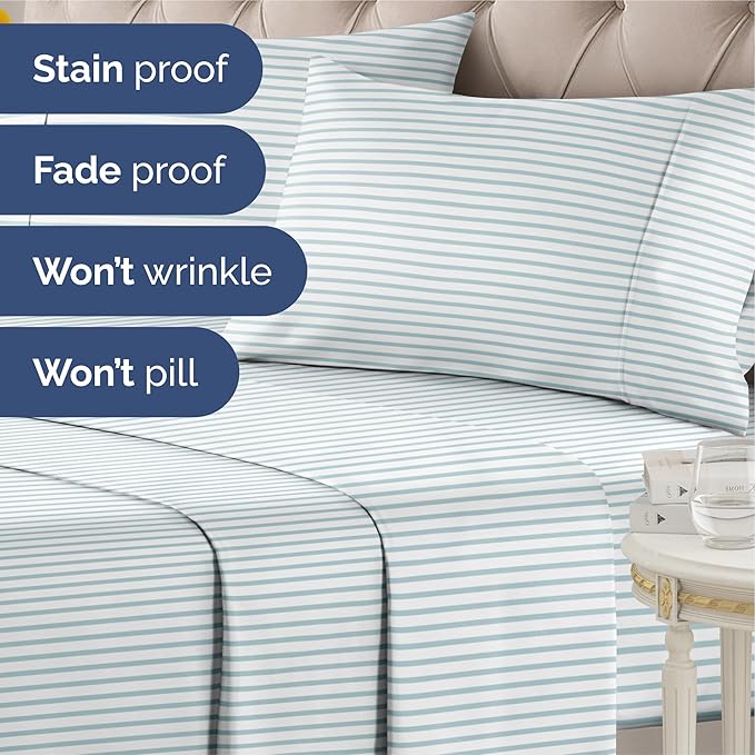 Striped Sheets - Blue & White Striped Sheets - 1 Flat & 1 Fitted & 2 Pillowcases w/ Deep Pockets – Wrinkle & Fade Free - Soft, Breathable and Cooling - Luxury Pinstripe Bedding - Queen Size Bed Set