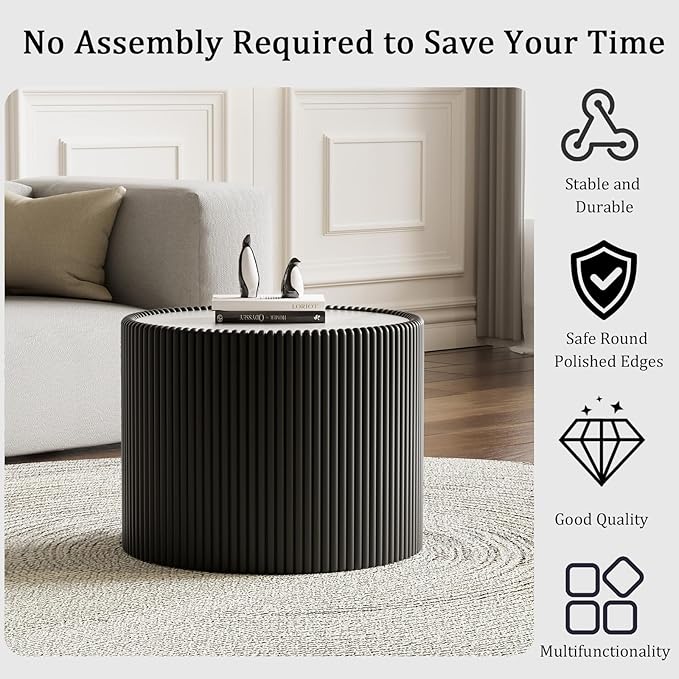 Round Coffee Table Set with Sintered Stone Tabletop, 29.52" Grey Drum Center Table and 17.71" Black Coffee Table Set, 2 Pieces Living Room Table Set with Fluted PU Leather Cover& Stable Base